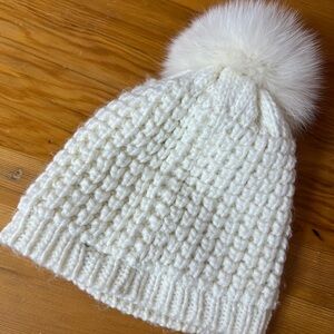 Kyi Kyi Genuine Fox Fur Pom Pom Ivory Knit Beanie